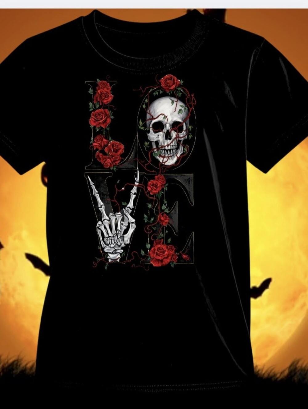 Gothic Love Skeleton Roses Graphic Tee Hand Crystals